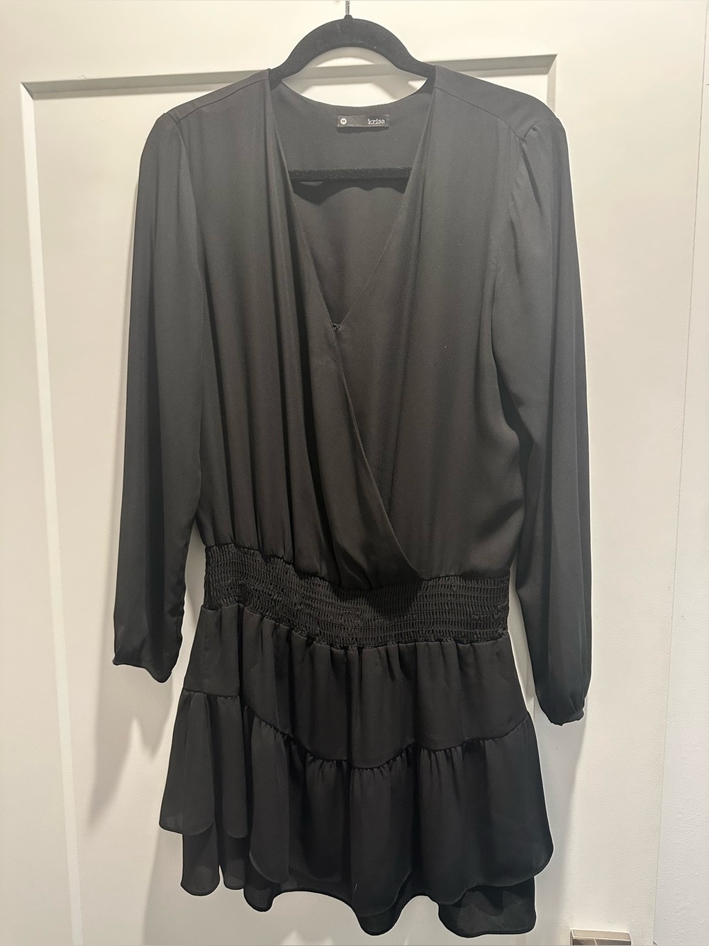 Krisa Smocked-Waist Black Long-Sleeve Mini Dress